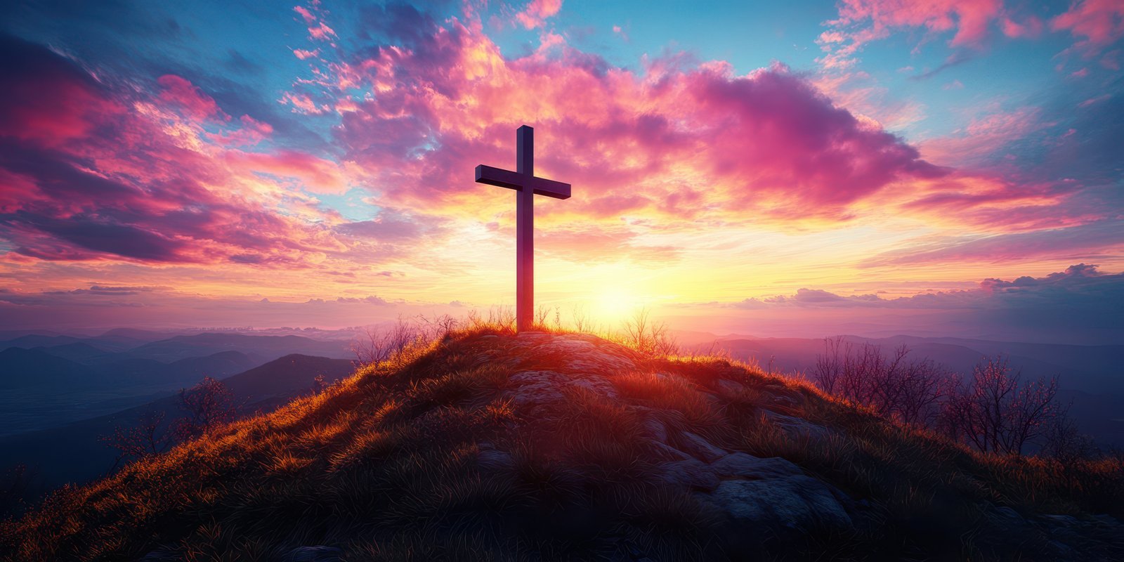 Stunning sunset with a cross on a hilltop surrounded by a breathtaking sky and fading daylight